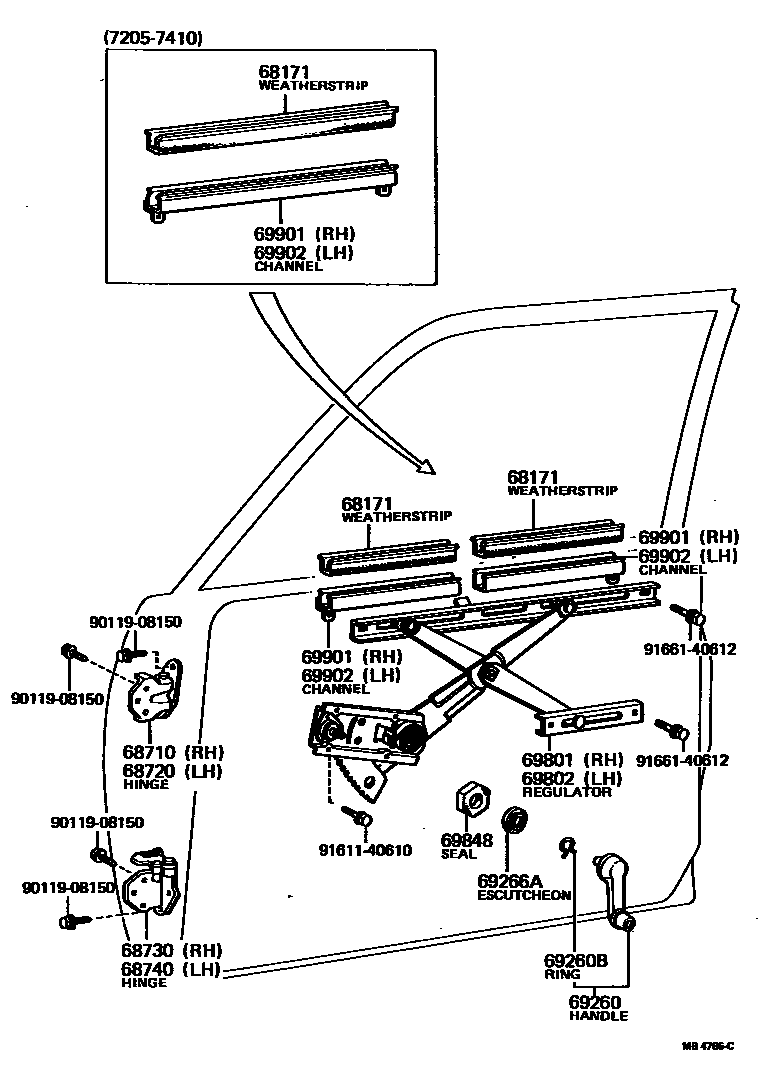 Toyota HILUX 前门车窗升降器和合页 EPC diagram — MB4786C