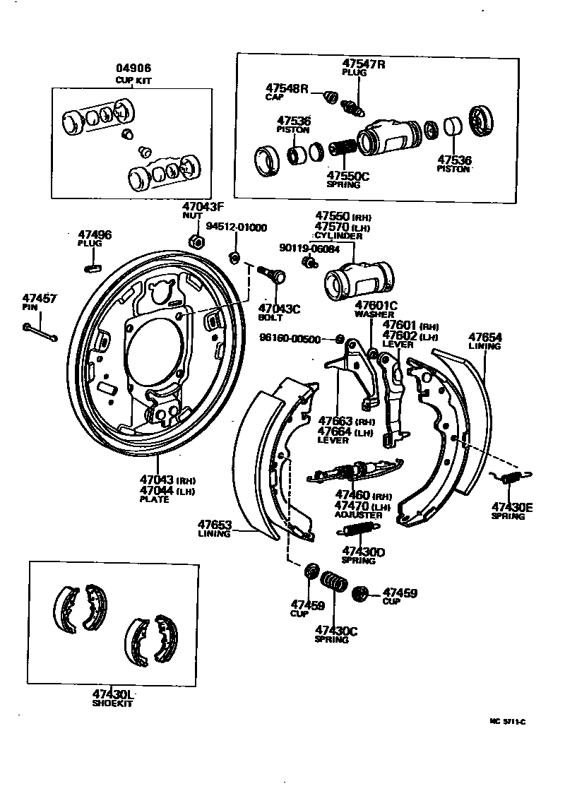 Toyota HILUX 后鼓式制动器分泵和底板 EPC diagram — MC5711C