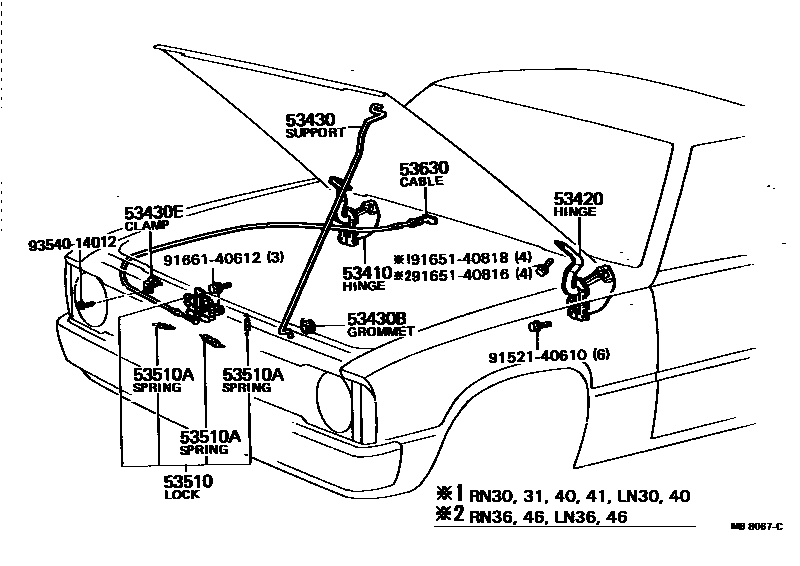 Toyota HILUX 发动机盖锁和铰链 EPC diagram — MB8067C