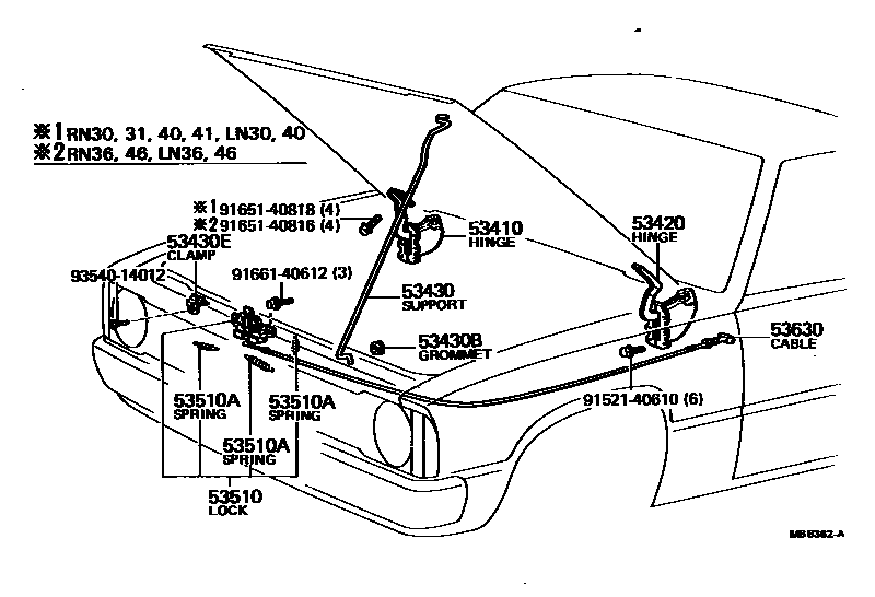 Toyota HILUX 发动机盖锁和铰链 EPC diagram — MBB362A