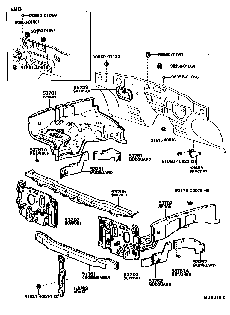 Toyota HILUX 前翼子板挡泥板和前围板 EPC diagram — MB8070K