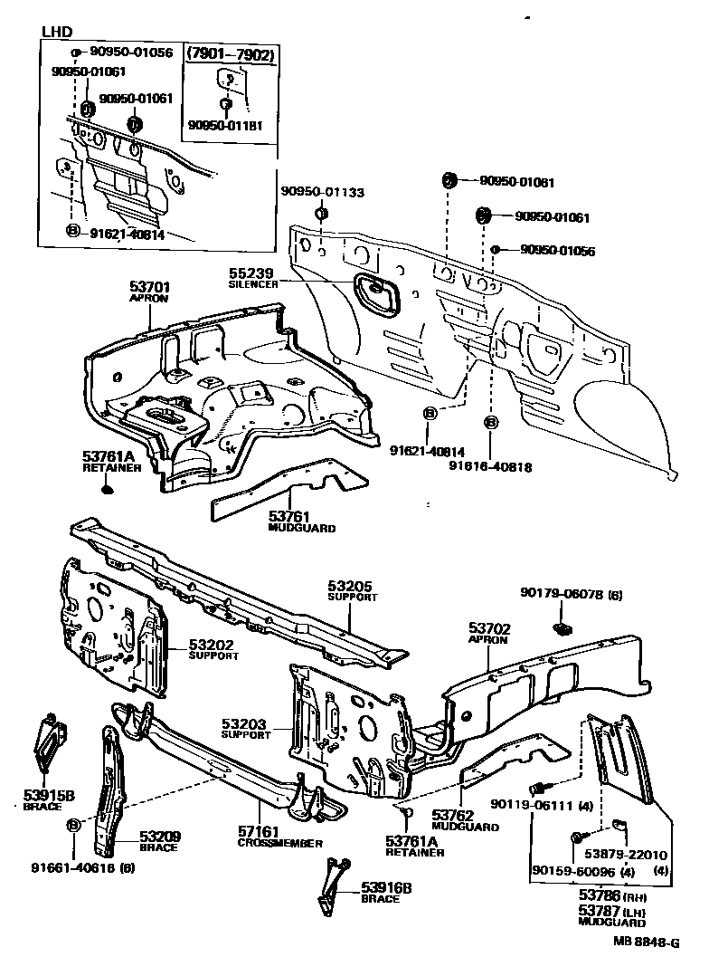 Toyota HILUX 前翼子板挡泥板和前围板 EPC diagram — MB8848G