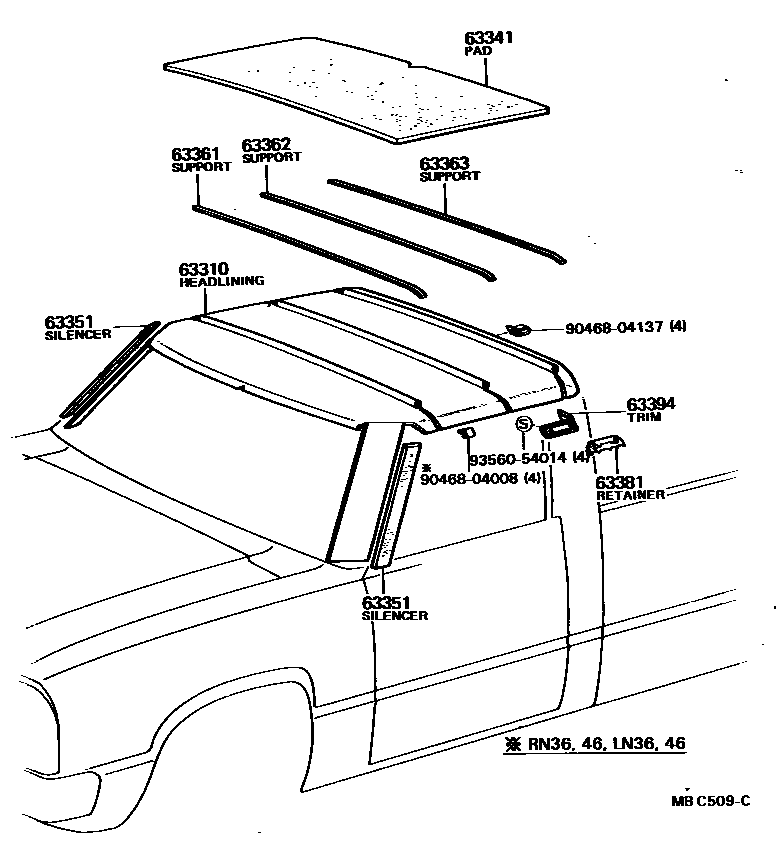 Toyota HILUX 车顶内衬和消声垫 EPC diagram — MBC509C