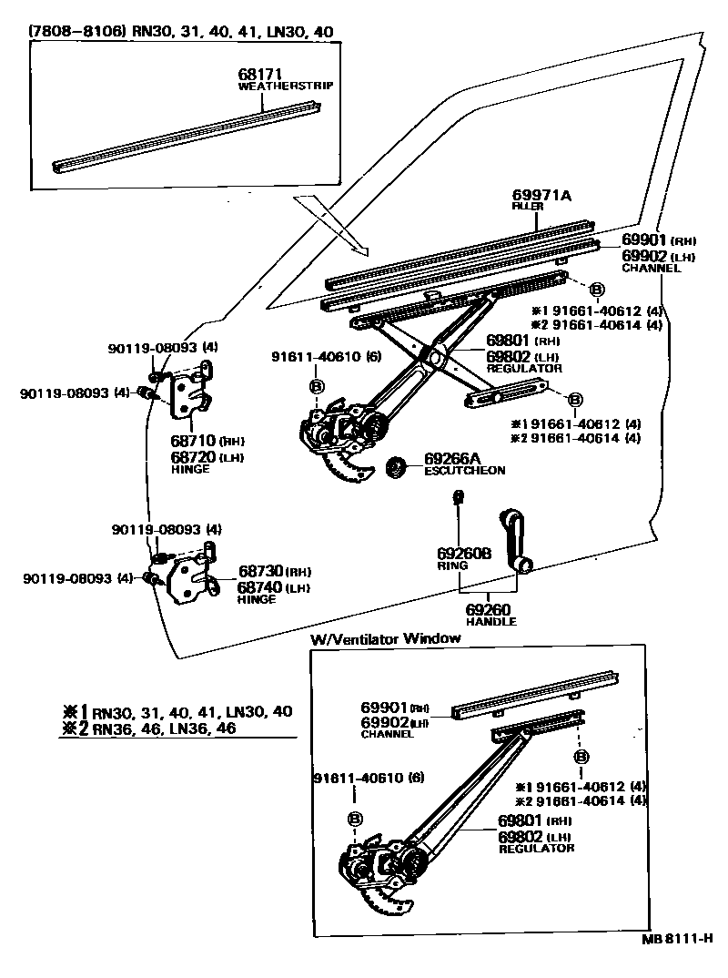 Toyota HILUX 前门车窗升降器和合页 EPC diagram — MB8111H