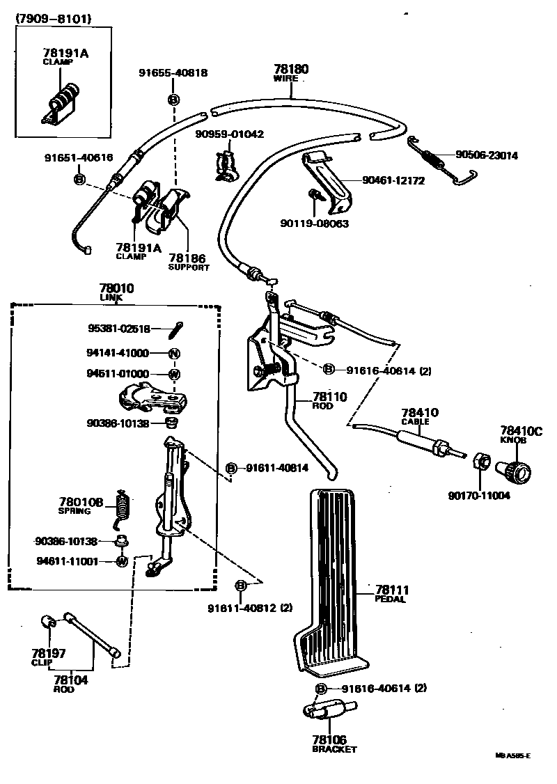 Toyota HILUX accelerator pedal connecting rod EPC diagram — MBA585E