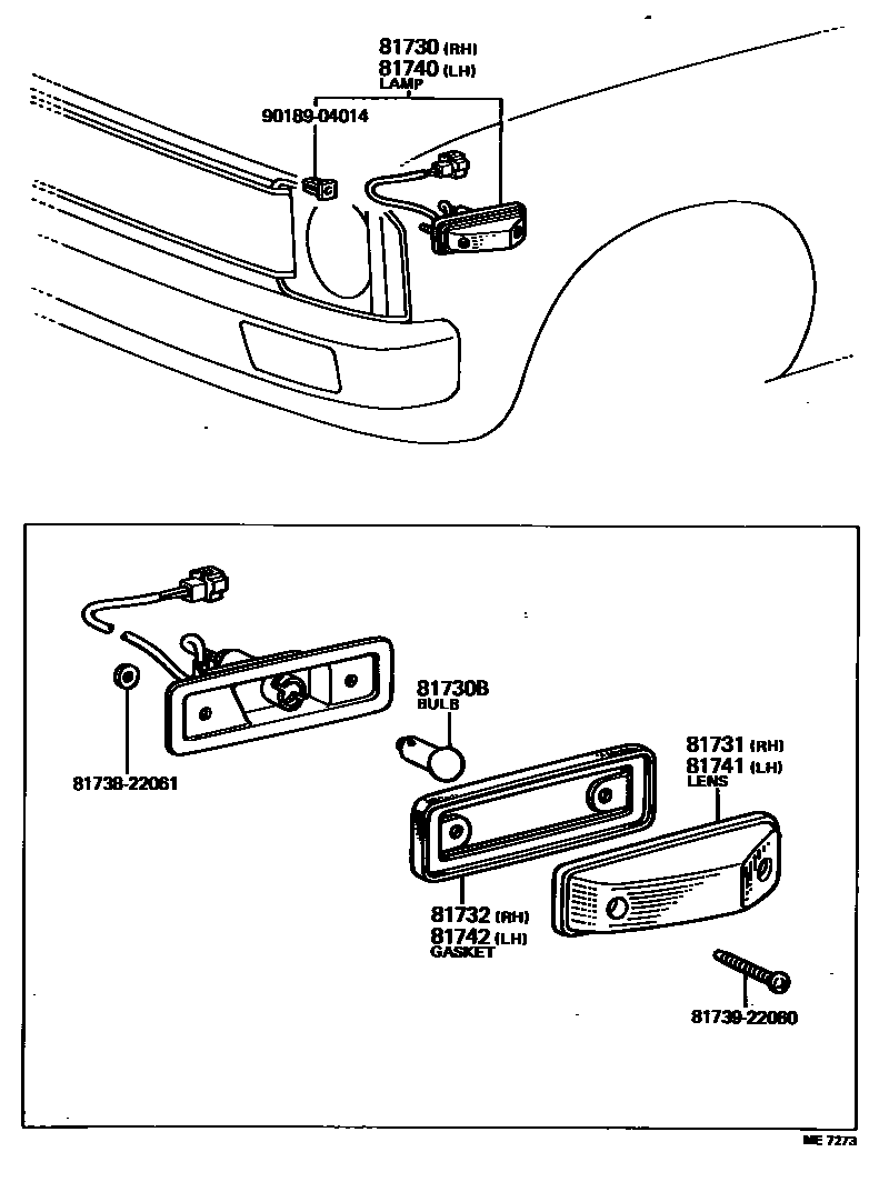 Toyota HILUX Side Turn Signal & Outer Mirror Lamp EPC diagram — ME7273