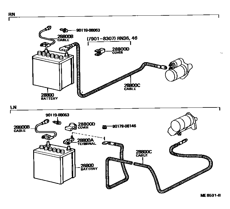 Toyota HILUX 蓄电池和蓄电池电缆 EPC diagram — ME8591B