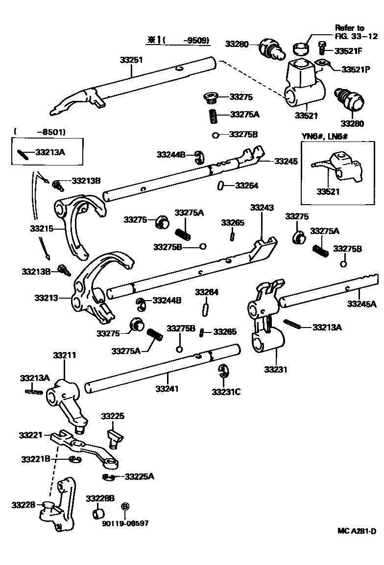 Toyota HILUX 换档拨叉和换档杆轴(MTM) EPC diagram — MCA281D