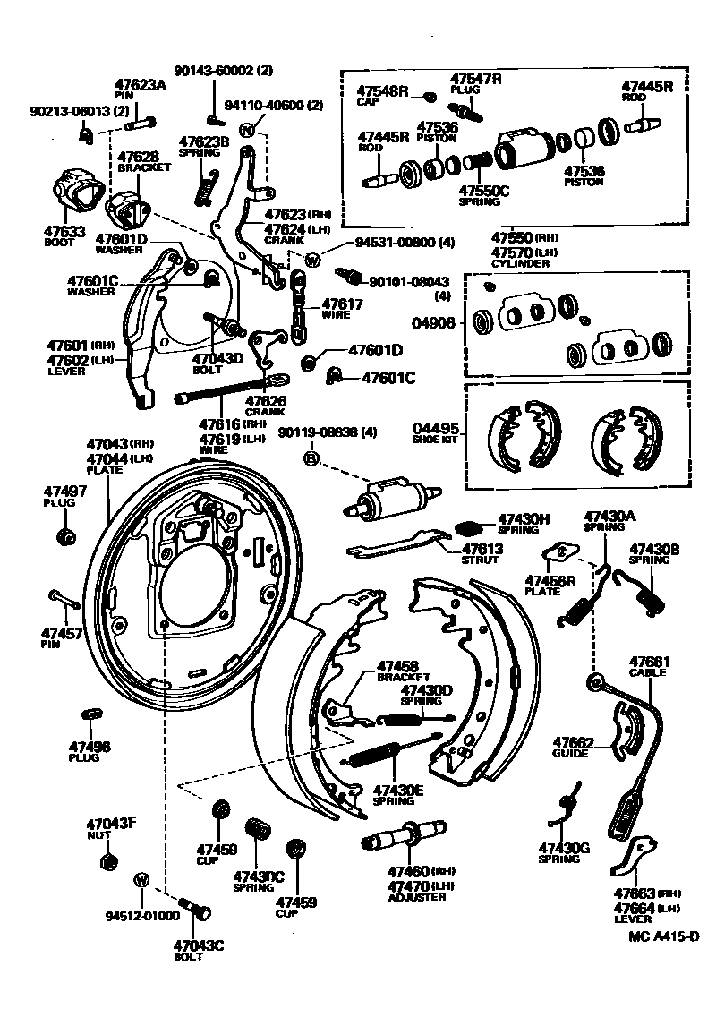 Toyota HILUX 后鼓式制动器分泵和底板 EPC diagram — MCA415D
