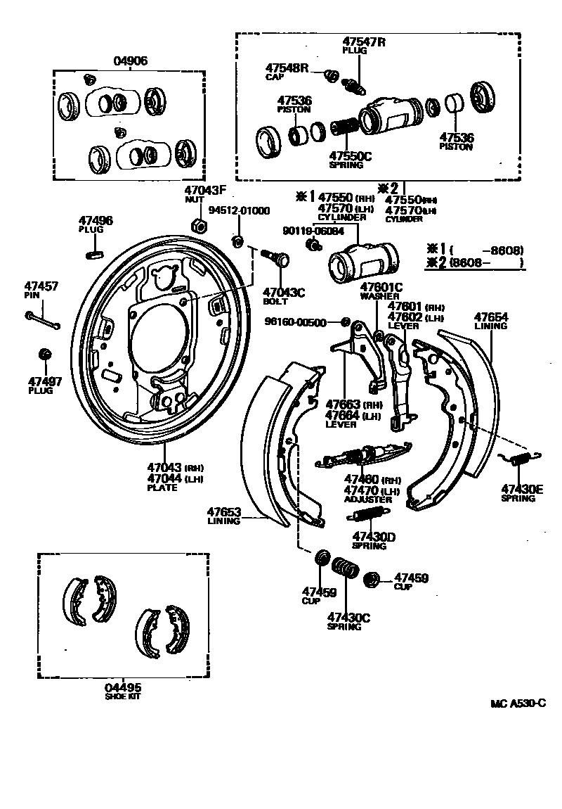 Toyota HILUX 后鼓式制动器分泵和底板 EPC diagram — MCA530C