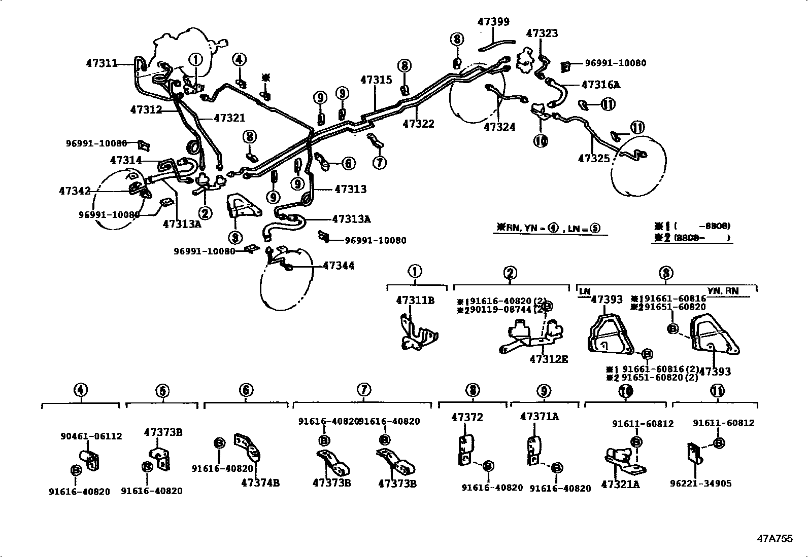 Toyota HILUX 制动配管和卡箍 EPC diagram — 47A755