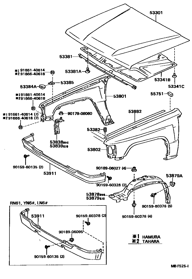 Toyota HILUX 发动机盖和前翼子板 EPC diagram — MBF525I