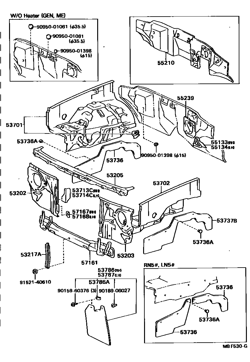 Toyota HILUX 前翼子板挡泥板和前围板 EPC diagram — MBF530G
