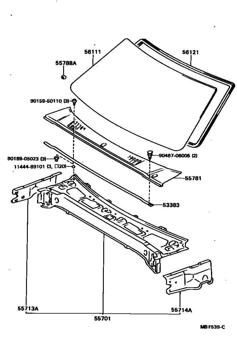 Toyota HILUX 前围板和挡风玻璃 EPC diagram — MBF539C