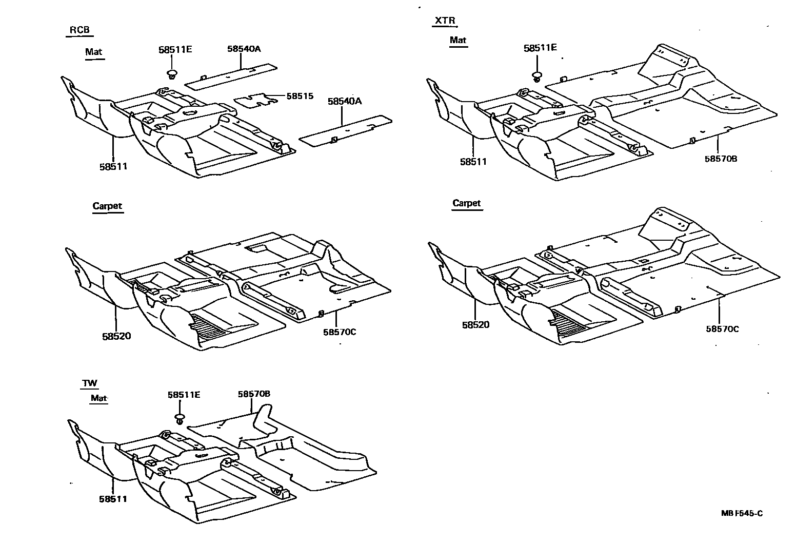 Toyota HILUX 地板垫和消声垫 EPC diagram — MBF545C
