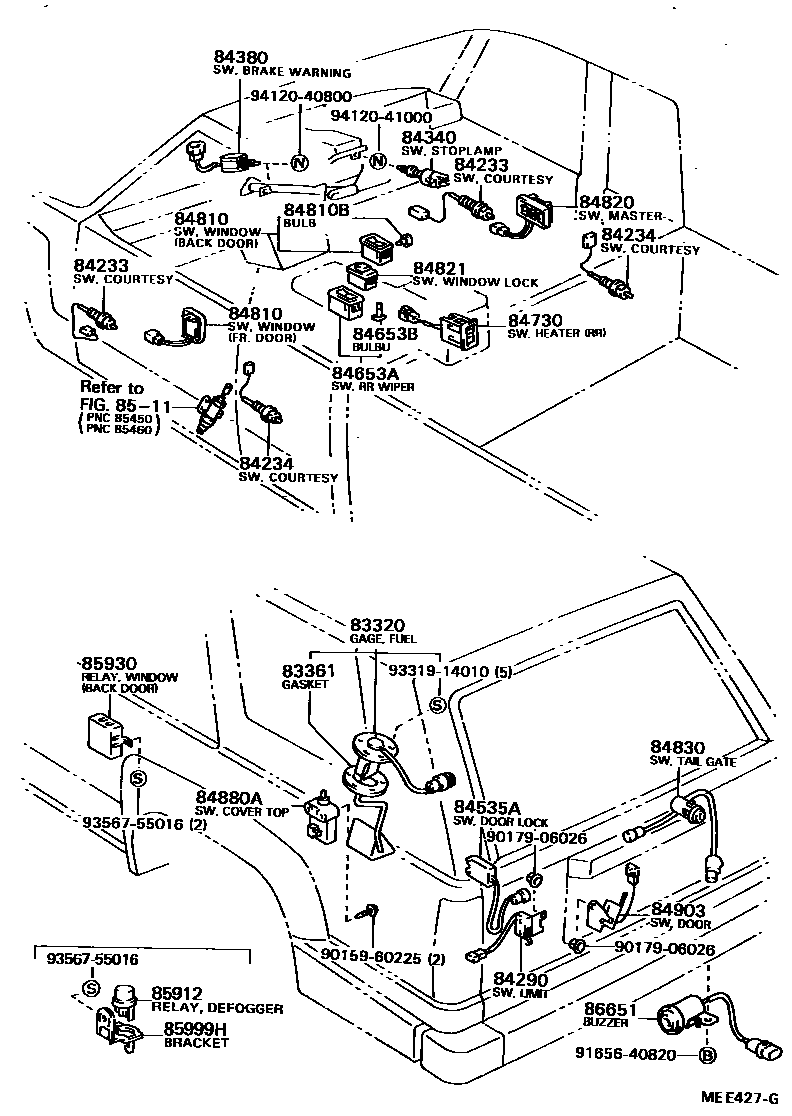 Toyota HILUX 开关和继电器和ECU EPC diagram — MEE427G