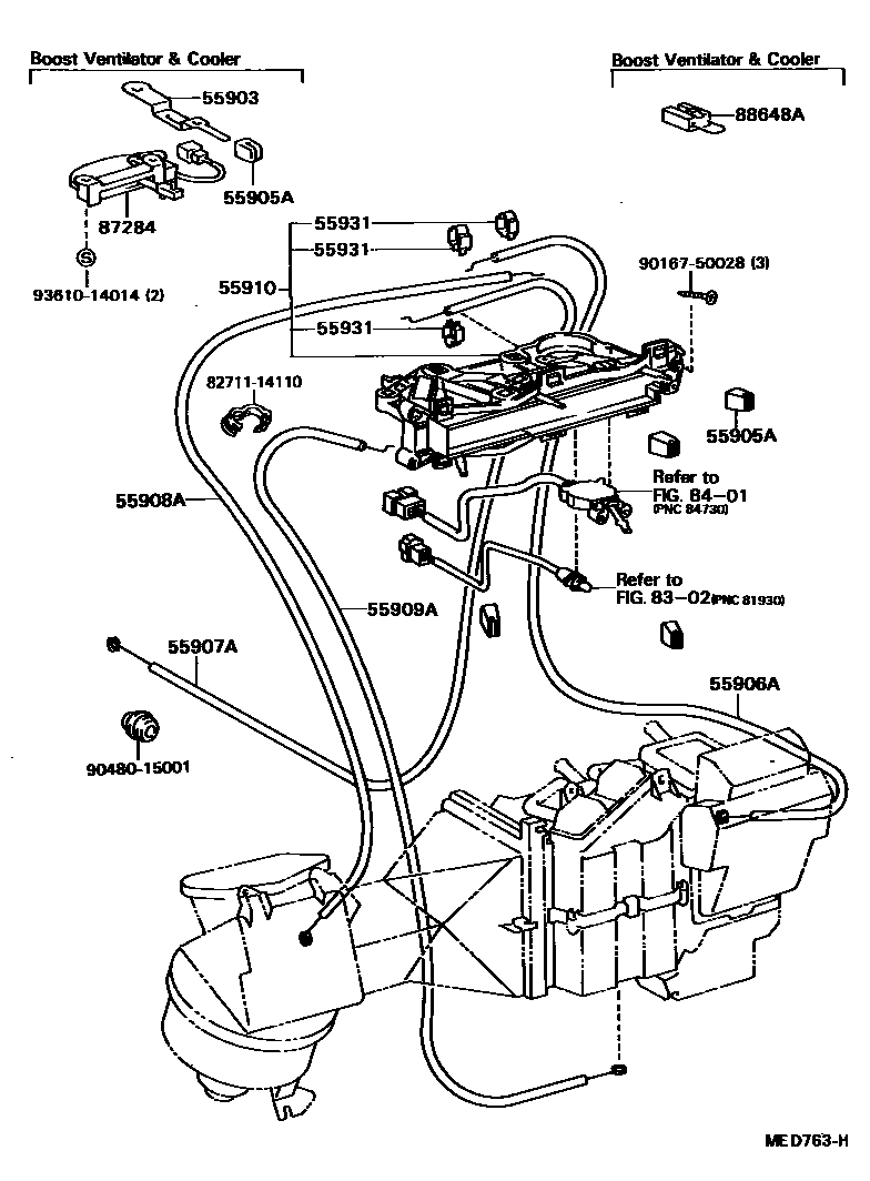 Toyota HILUX 暖风和空调系统 - 控制器和风管 EPC diagram — MED763H