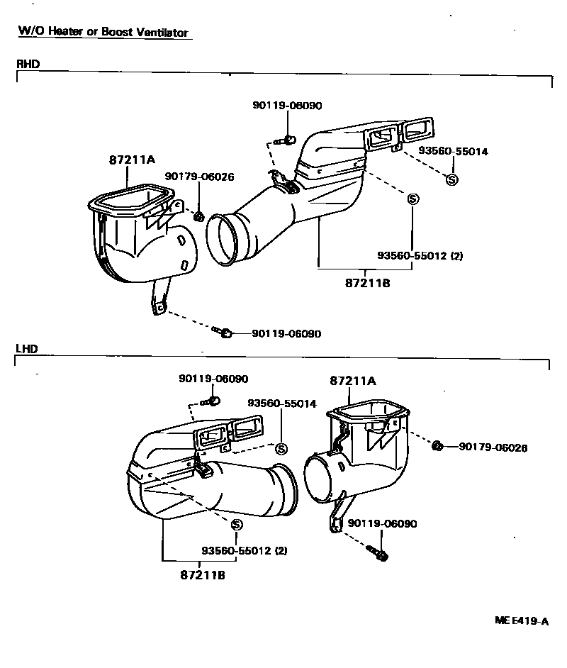 Toyota HILUX 暖风和空调系统 - 控制器和风管 EPC diagram — MEE419A