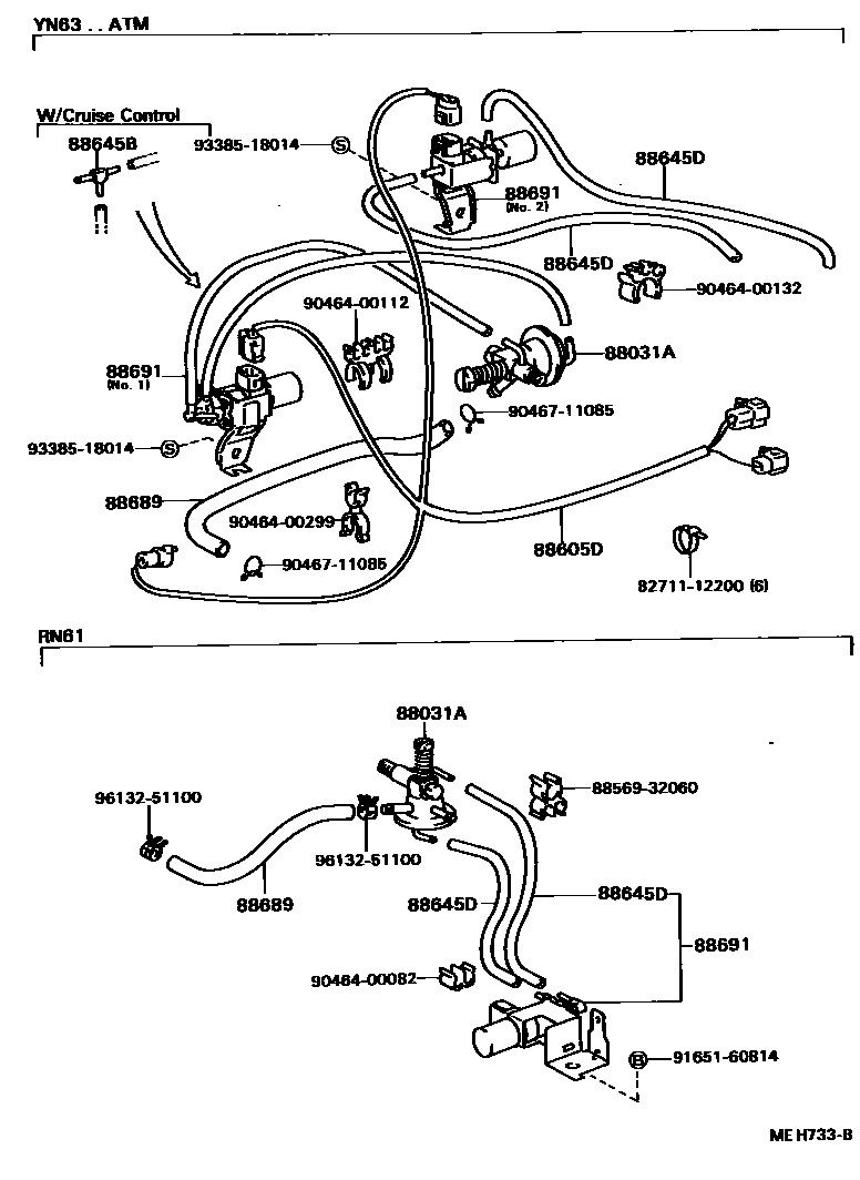 Toyota HILUX 暖风和空调系统 - 真空管 EPC diagram — MEH733B
