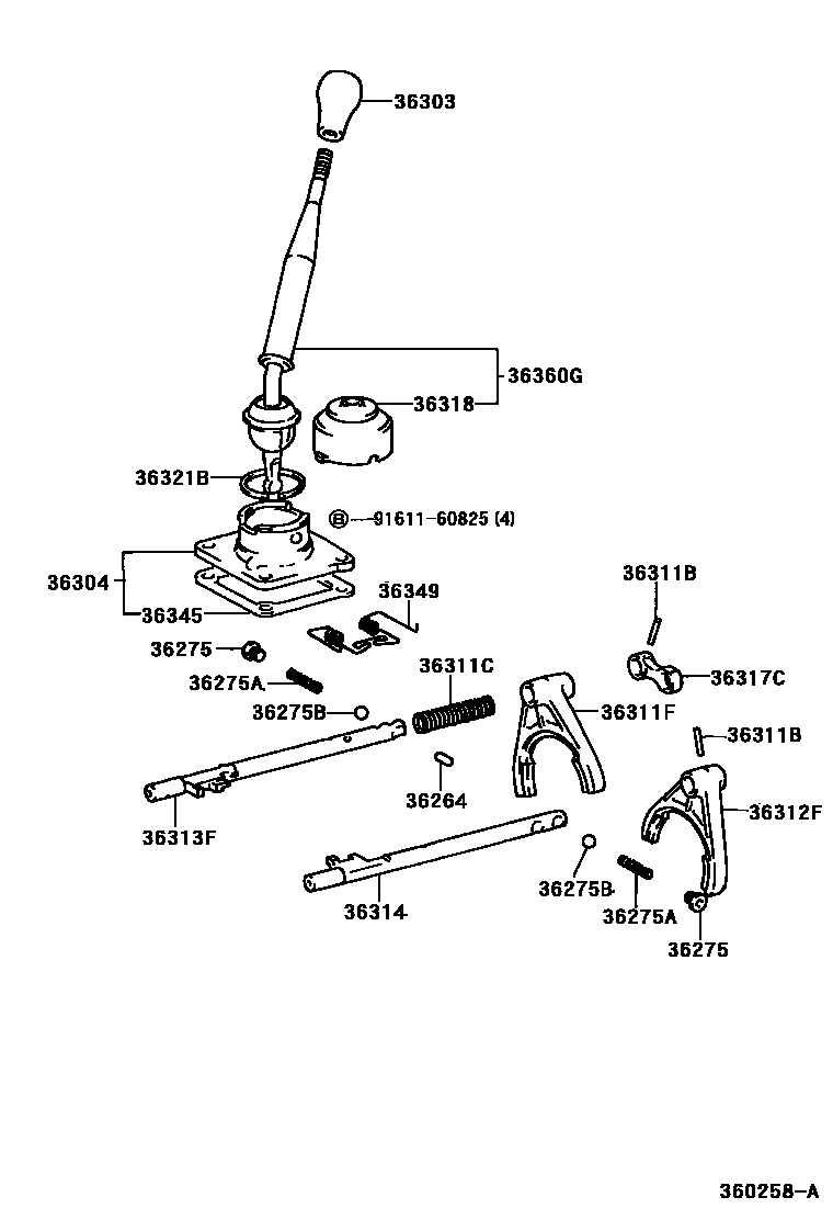 Toyota HILUX Transfer Lever & Shift Fork Shaft EPC diagram — 360258A