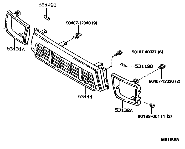Toyota HILUX radiator grille EPC diagram — MBU568