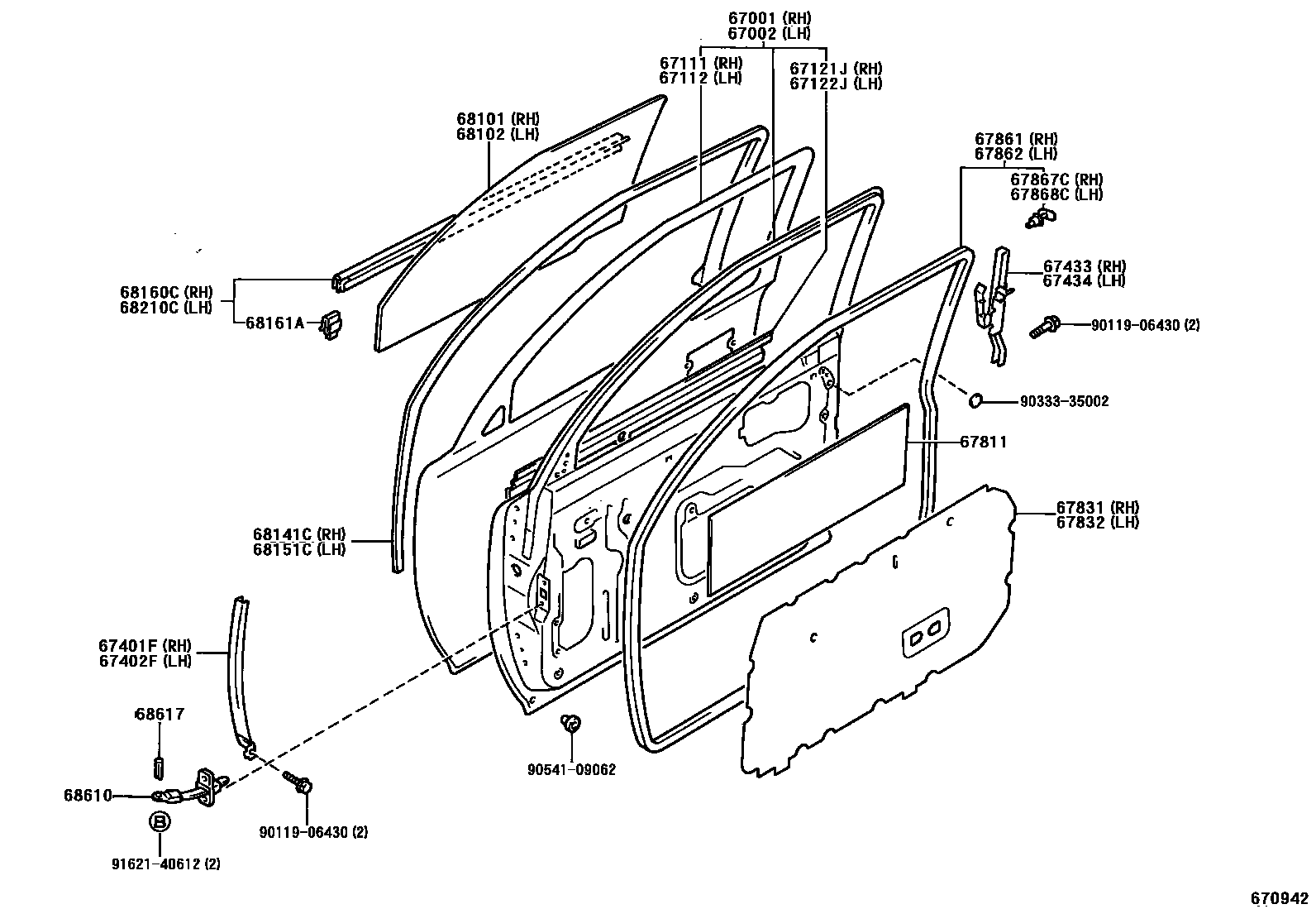 Toyota HILUX 前门板和前门玻璃 EPC diagram — 670942