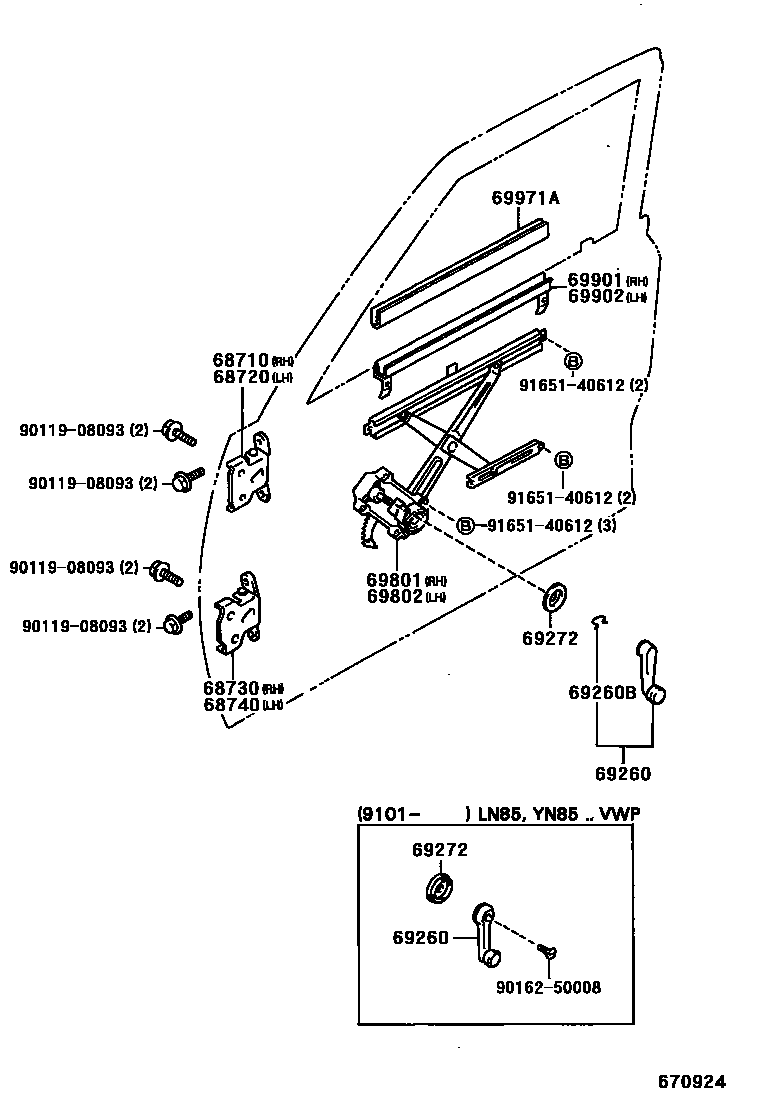 Toyota HILUX 前门车窗升降器和合页 EPC diagram — 670924