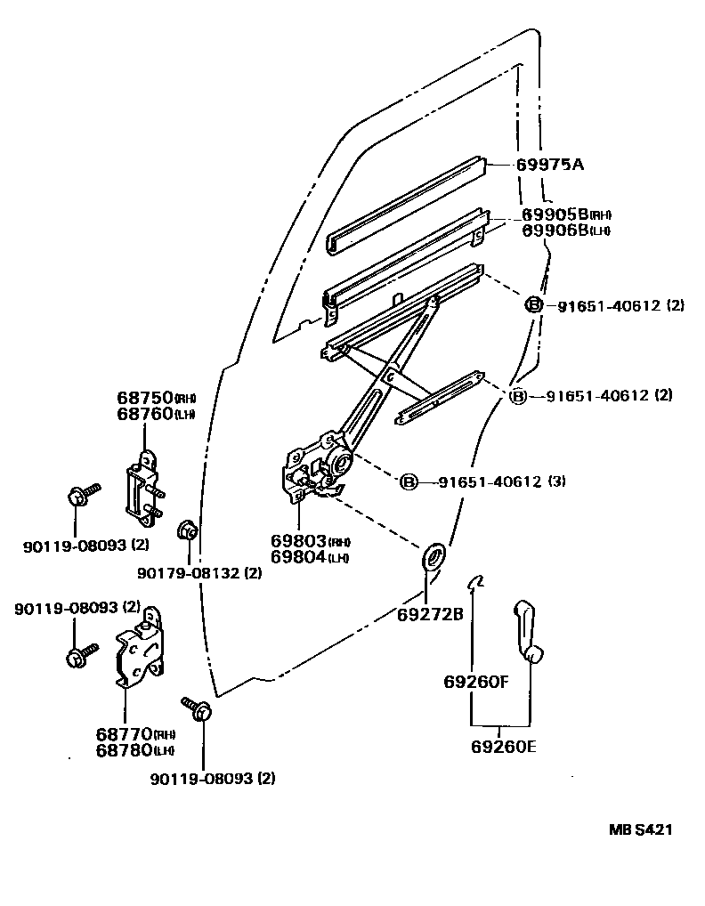 Toyota HILUX 后门车窗升降器和合页 EPC diagram — MBS421