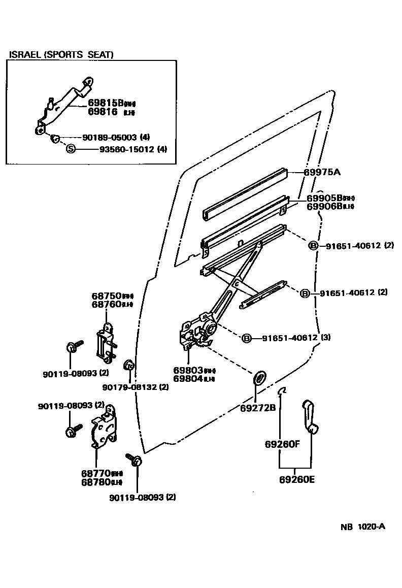 Toyota HILUX 后门车窗升降器和合页 EPC diagram — NB1020A