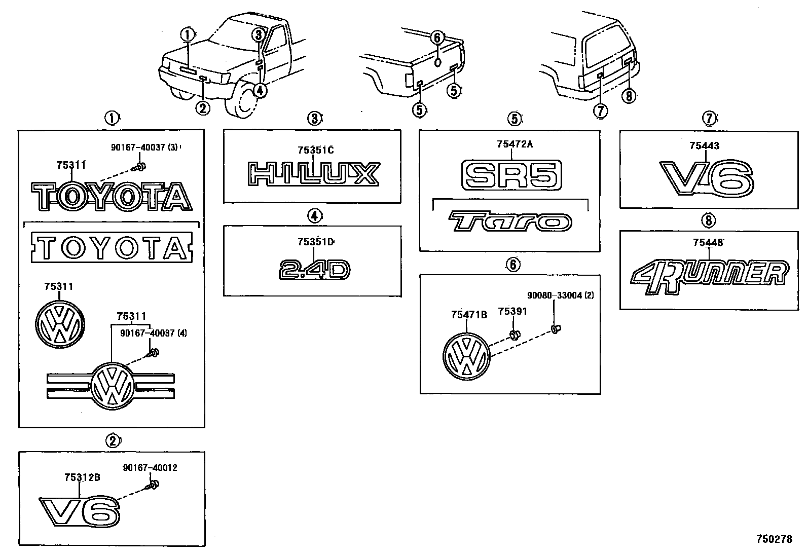 Toyota HILUX 徽标和铭牌 EPC diagram — 750278