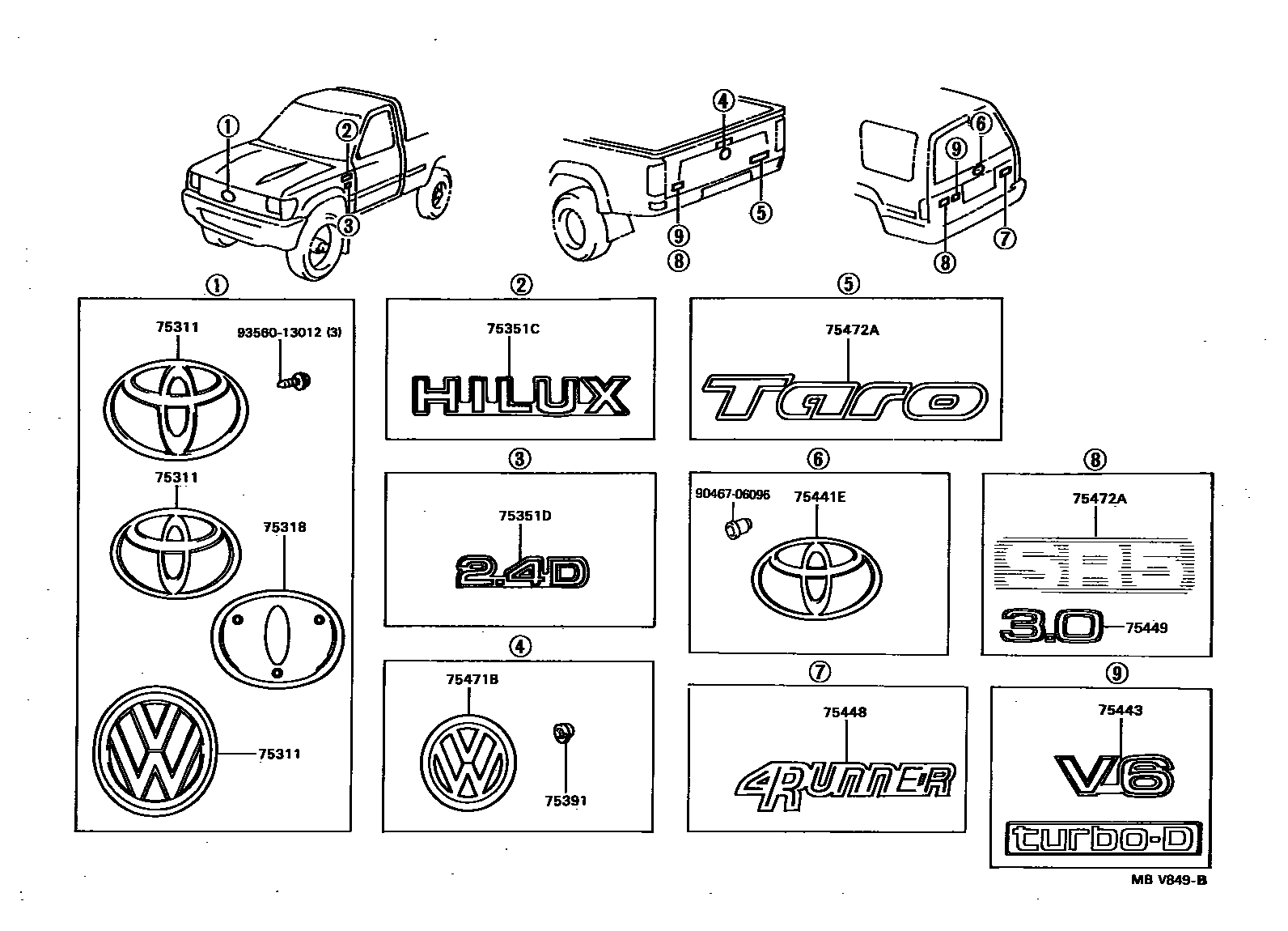 Toyota HILUX 徽标和铭牌 EPC diagram — MBV849B