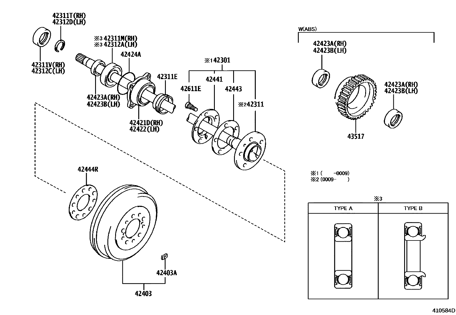 Toyota HILUX 后桥半轴和后桥轮毂 EPC diagram — 410584D