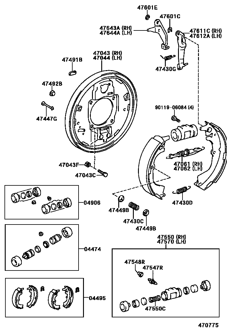 Toyota HILUX 后鼓式制动器分泵和底板 EPC diagram — 470775