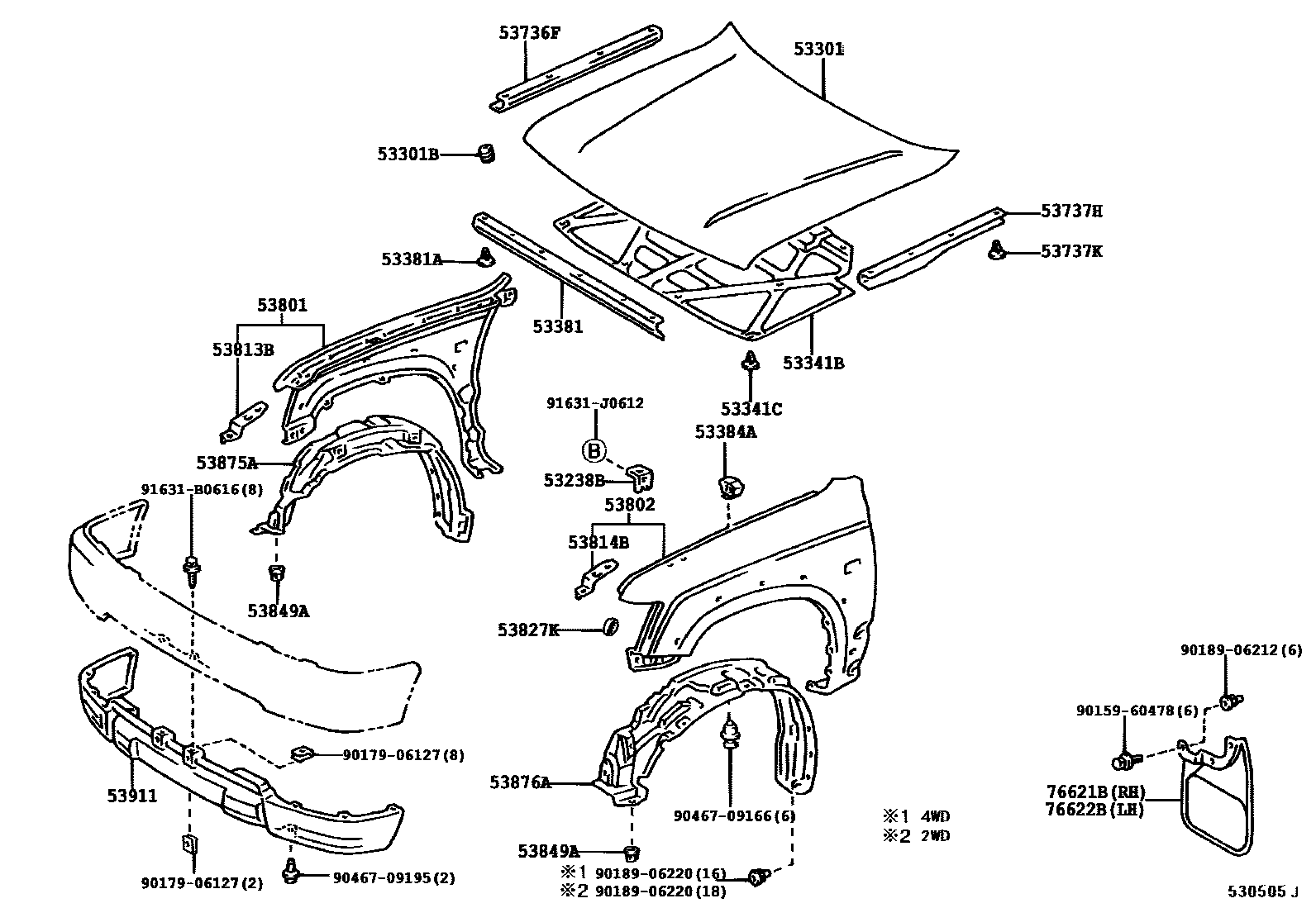 Toyota HILUX 发动机盖和前翼子板 EPC diagram — 530505J