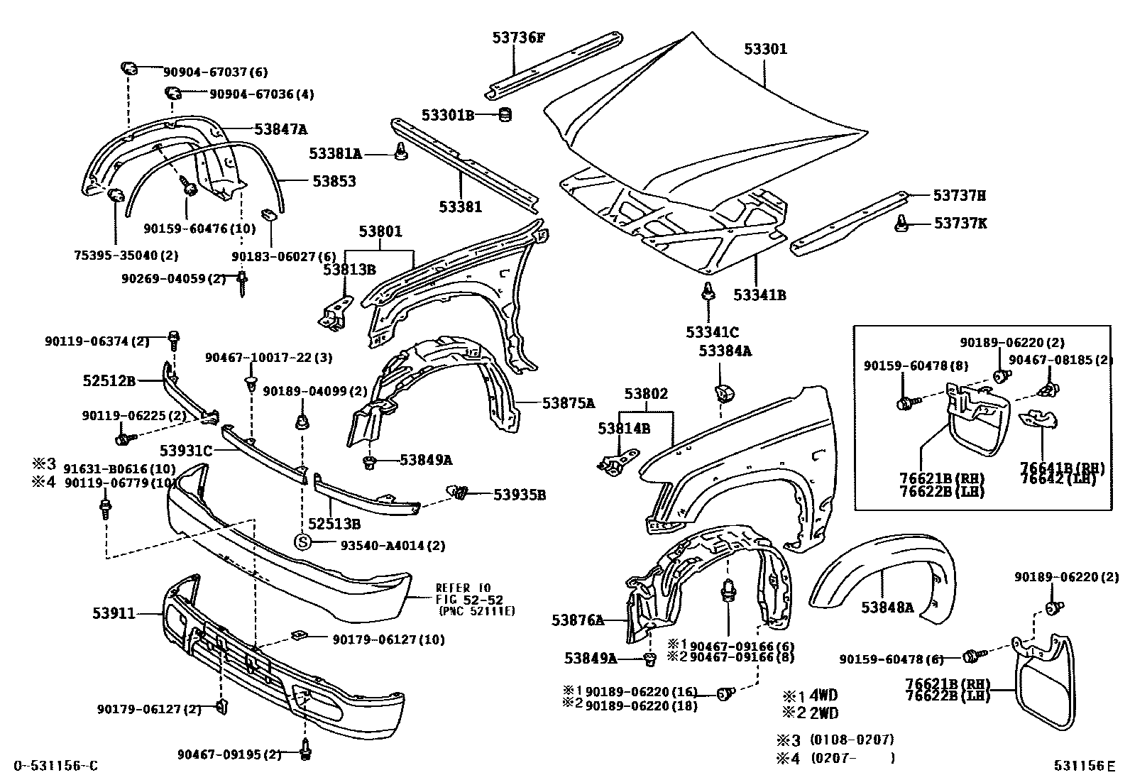 Toyota HILUX 发动机盖和前翼子板 EPC diagram — 531156E