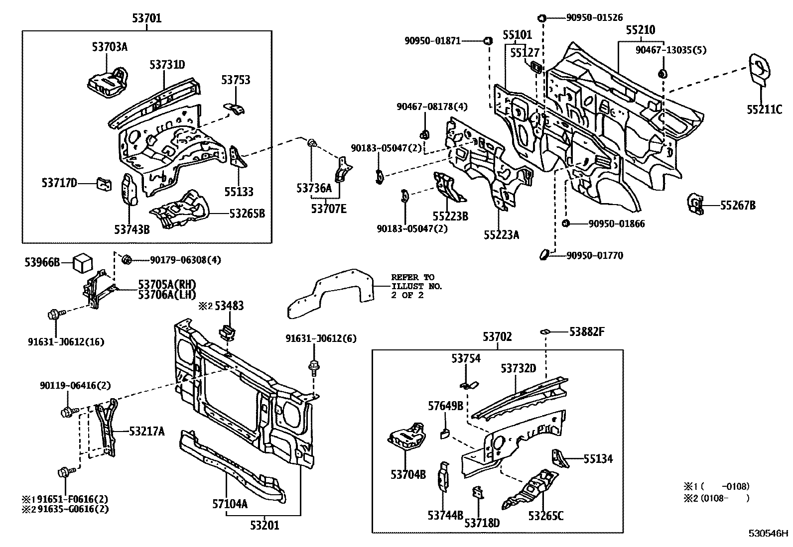 Toyota HILUX 前翼子板挡泥板和前围板 EPC diagram — 530546H