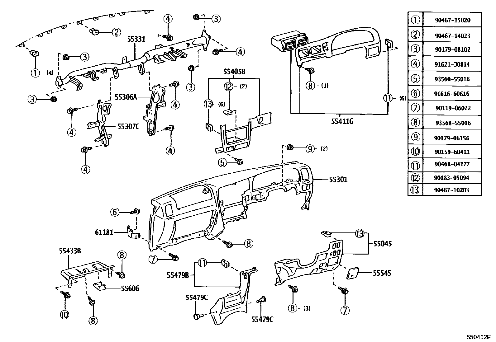 Toyota HILUX 仪表板和手套箱 EPC diagram — 550412F