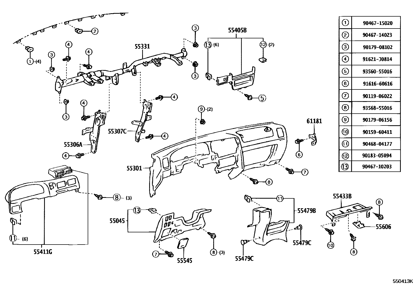Toyota HILUX 仪表板和手套箱 EPC diagram — 550413K