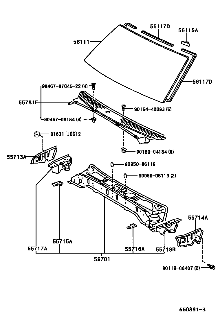 Toyota HILUX 前围板和挡风玻璃 EPC diagram — 550891B