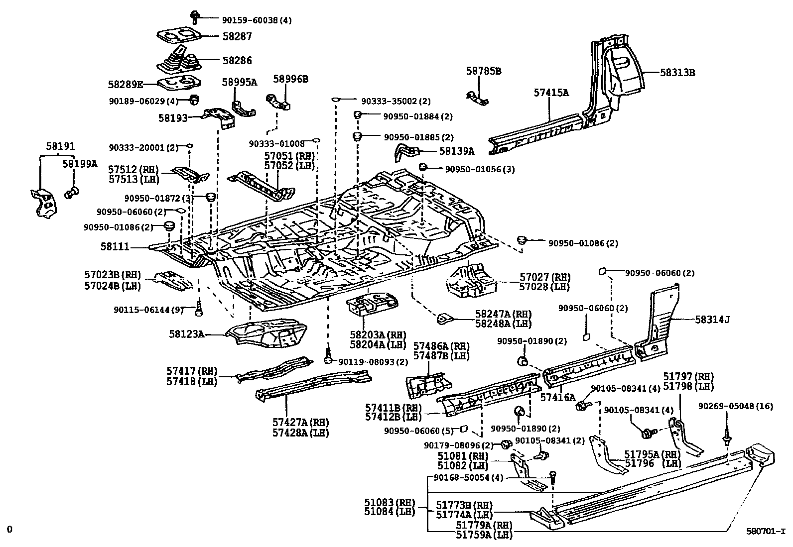Toyota HILUX 前地板和前地板梁 EPC diagram — 580701I