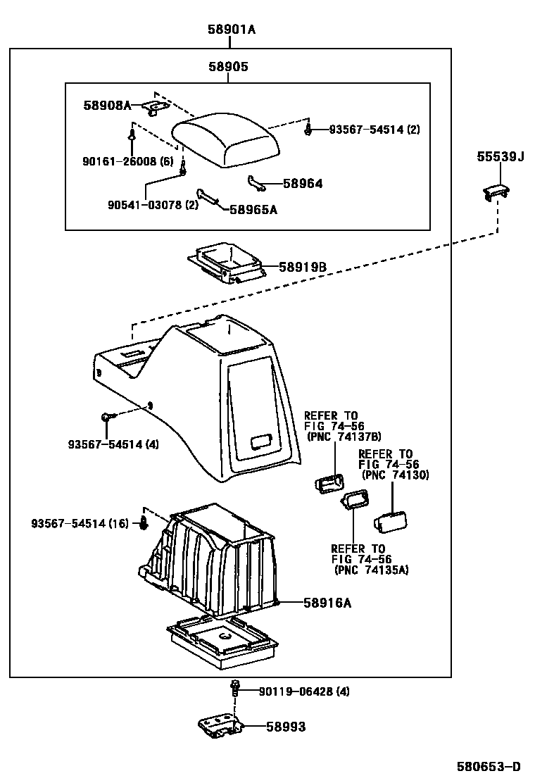 Toyota HILUX 中央扶手箱和支架 EPC diagram — 580653D