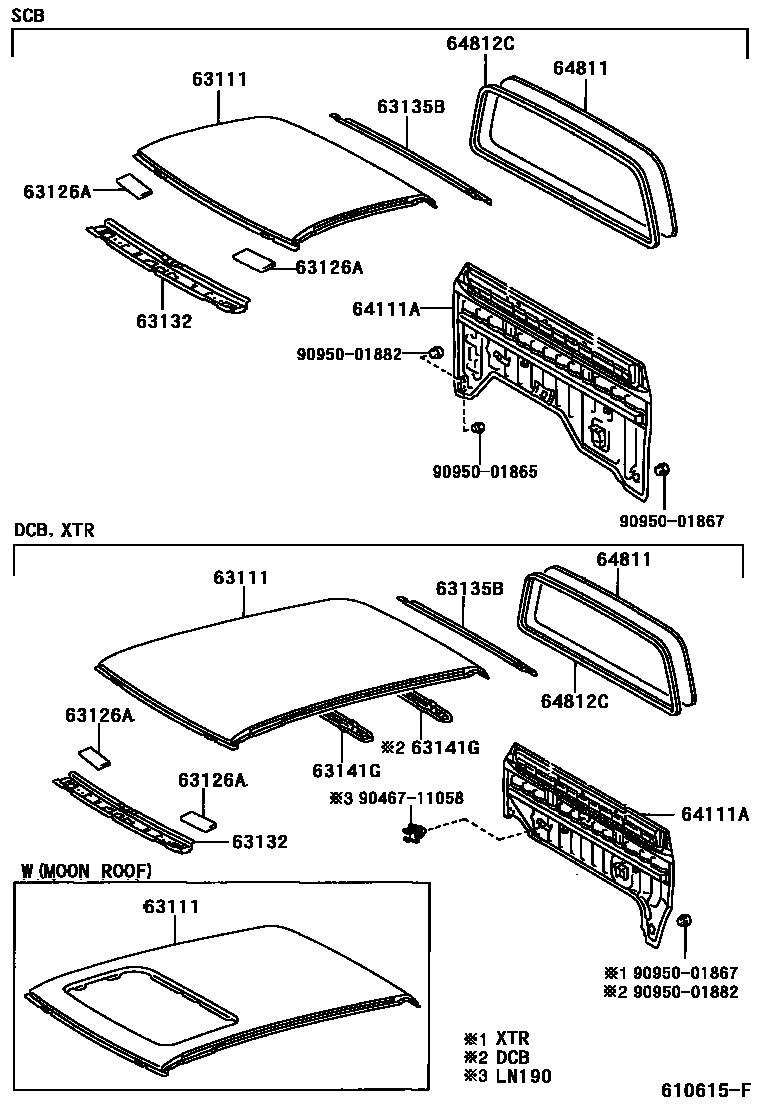 Toyota HILUX 天窗板和背板 EPC diagram — 610615F