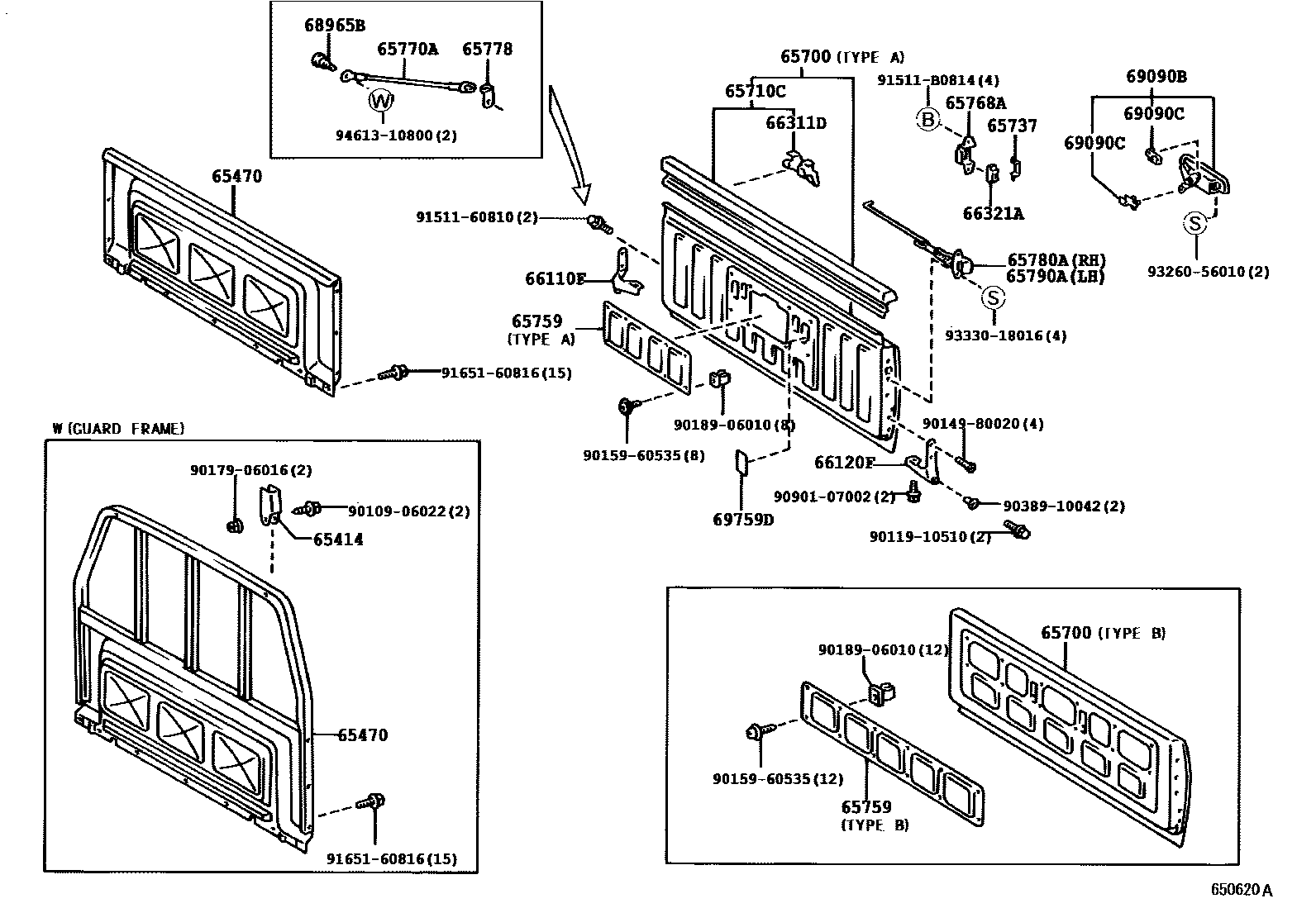 Toyota HILUX 后车身防护架和背门 EPC diagram — 650620A