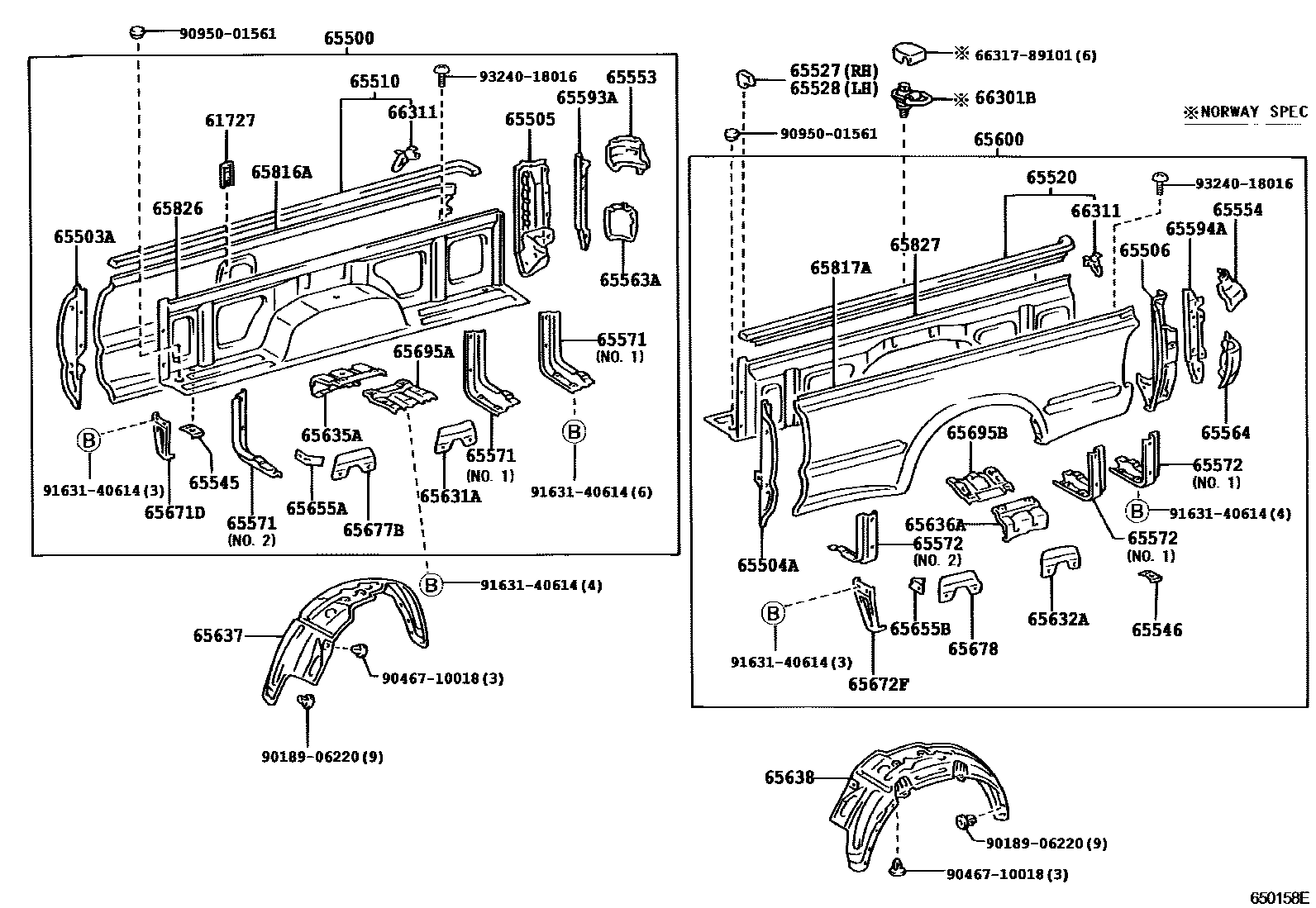 Toyota HILUX 后车身侧面板 EPC diagram — 650158E