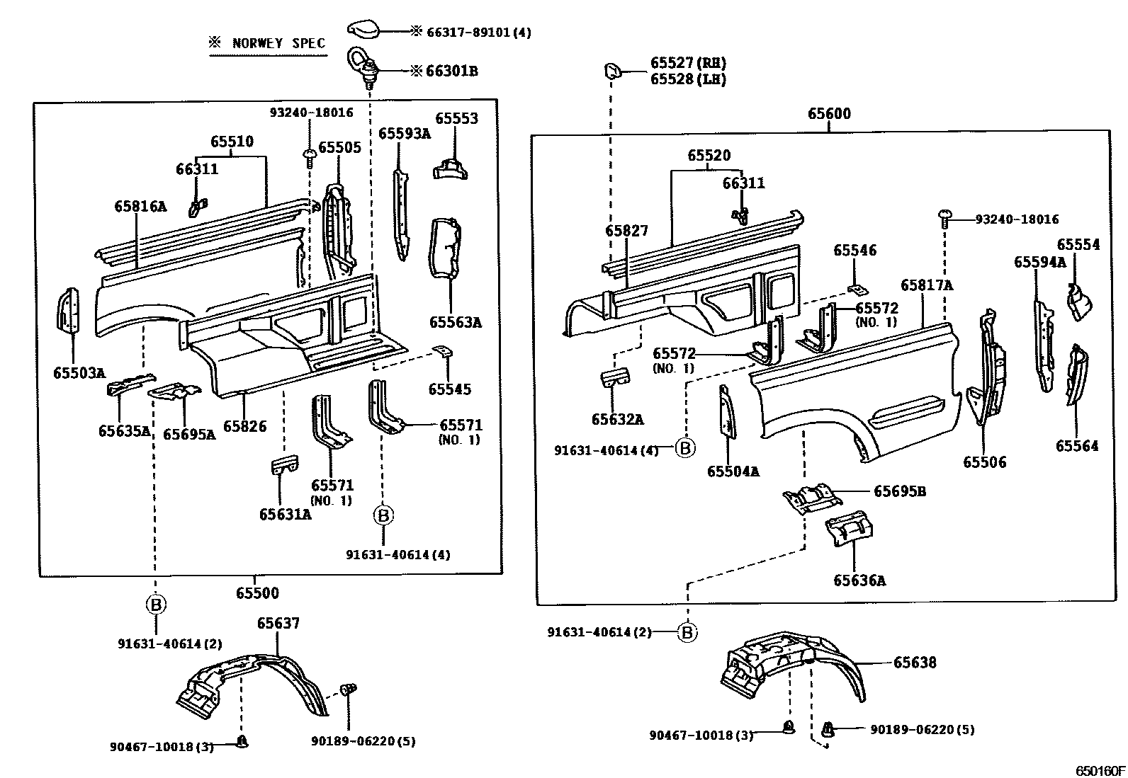 Toyota HILUX 后车身侧面板 EPC diagram — 650160F