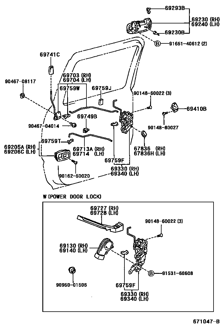 Toyota HILUX 后门锁和后门把手 EPC diagram — 671047B