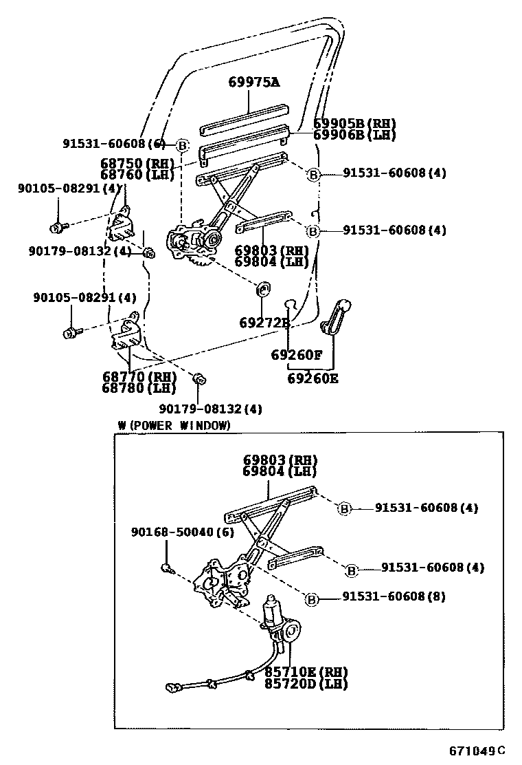 Toyota HILUX 后门车窗升降器和合页 EPC diagram — 671049C