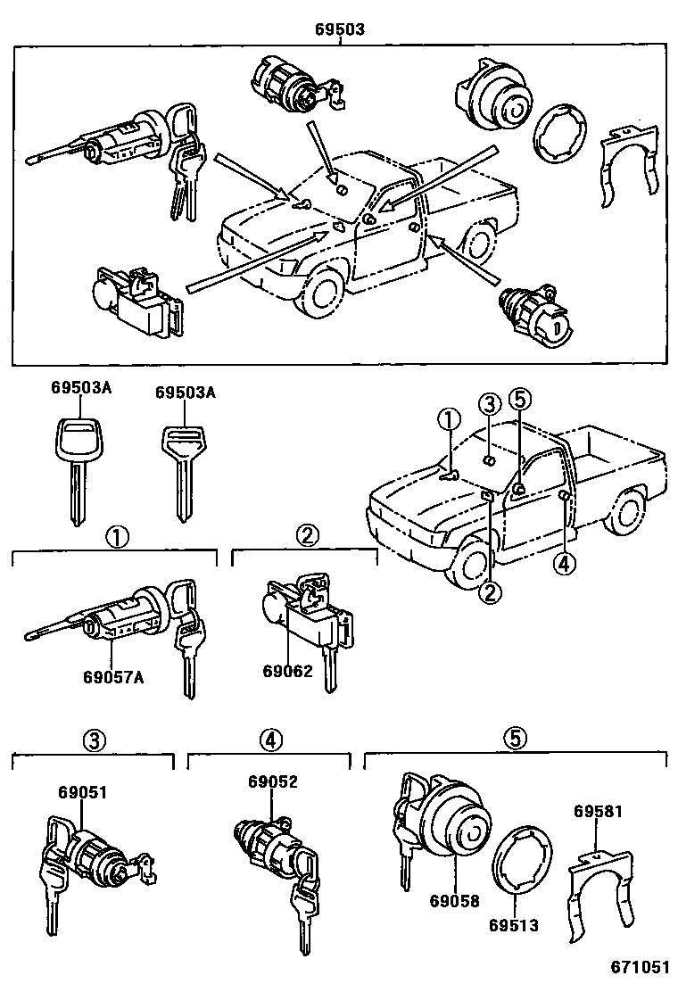 Toyota HILUX 锁芯组件 EPC diagram — 671051