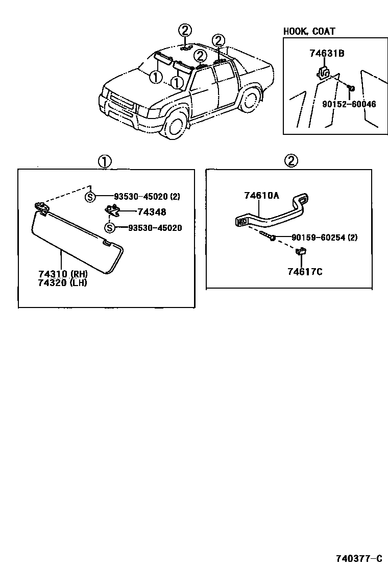 Toyota HILUX 扶手和遮阳板 EPC diagram — 740377C