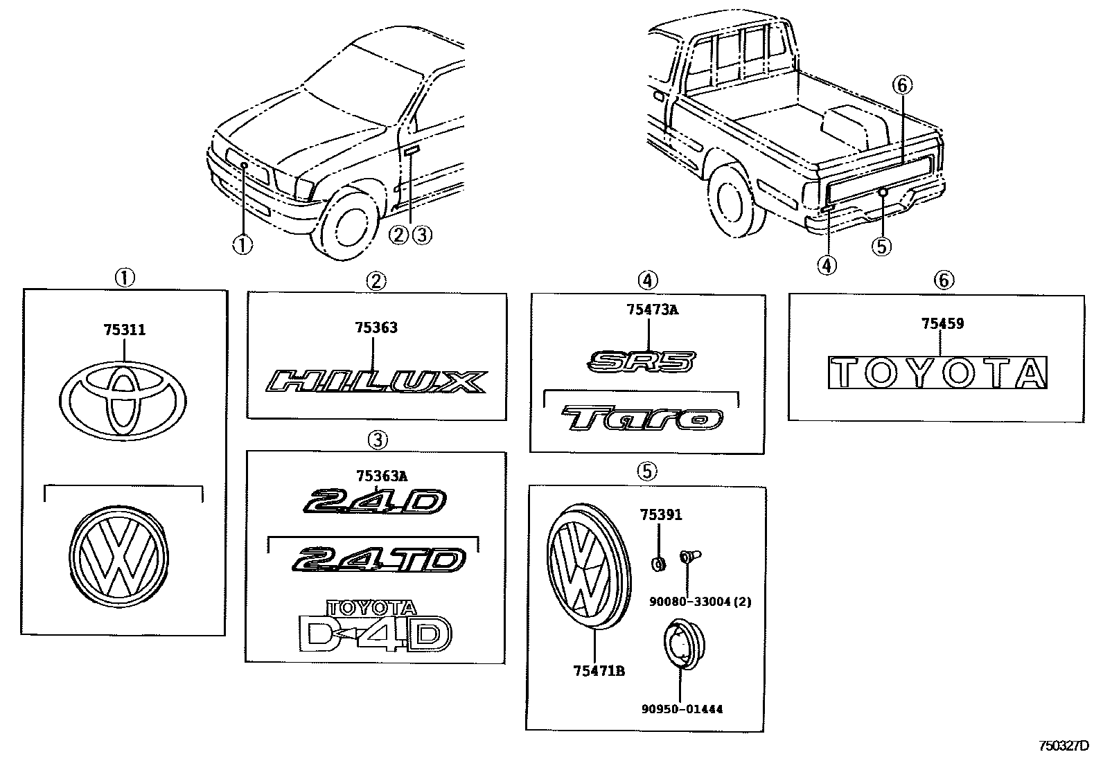 Toyota HILUX 徽标和铭牌 EPC diagram — 750327D